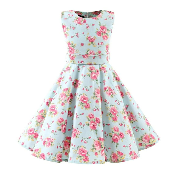 IBTOM CASTLE Kids Girls 50s Vintage Polka Dot Casual Dress Swing Rockabilly Prom Party Dresses Audrey Wedding Formal Cocktail Evening Gown 5-6 Years Light Blue Flower