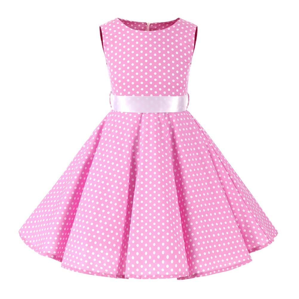 Kids Girls 50s Vintage Polka Dot Casual Dress Swing Rockabilly Prom Party Dresses Audrey Wedding Formal Cocktail Evening Gown 5-6 Years Pink