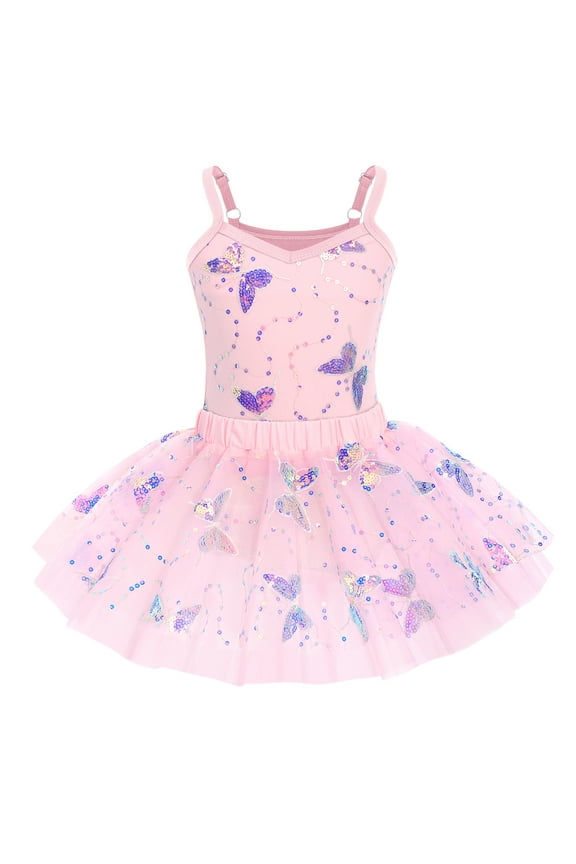Kid Girls Butterfly Sequins Camisole Ballet Dance Dress Glitter Ruffle Tutu Skirt Dancewear