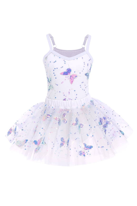 Kid Girls Butterfly Sequins Camisole Ballet Dance Dress Glitter Ruffle Tutu Skirt Dancewear