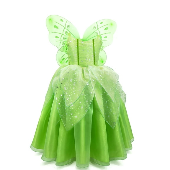 IBTOM CASTLE Kid Girls Fairy Princess Costume Dress up with Green Fairy Wings Cosplay Birthday Outfits Set 4-5 Years Green