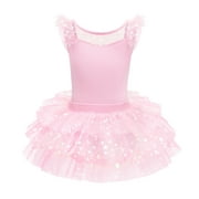 IBTOM CASTLE Kid Girls Glitter Star Tutu Skirted Leotard Sequin Ruffle Sleeve Ballet Dance Dress Ballerina Dancewear Gymnastics Outfit 3-4 Years Pink