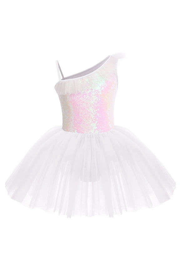 Kid Girls Sequins Ruffle One Shoulder Ballet Dance Dress Tulle Tutu Skirt
