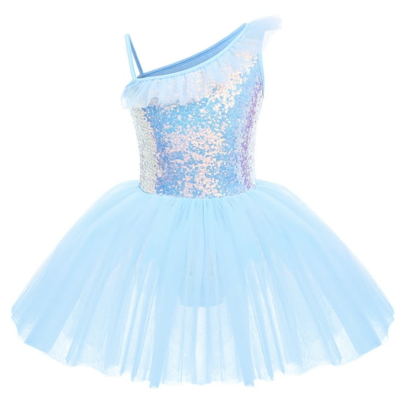 IBTOM CASTLE Kid Girls Sequins Ruffle One Shoulder Ballet Dance Dress Tulle Tutu Skirt