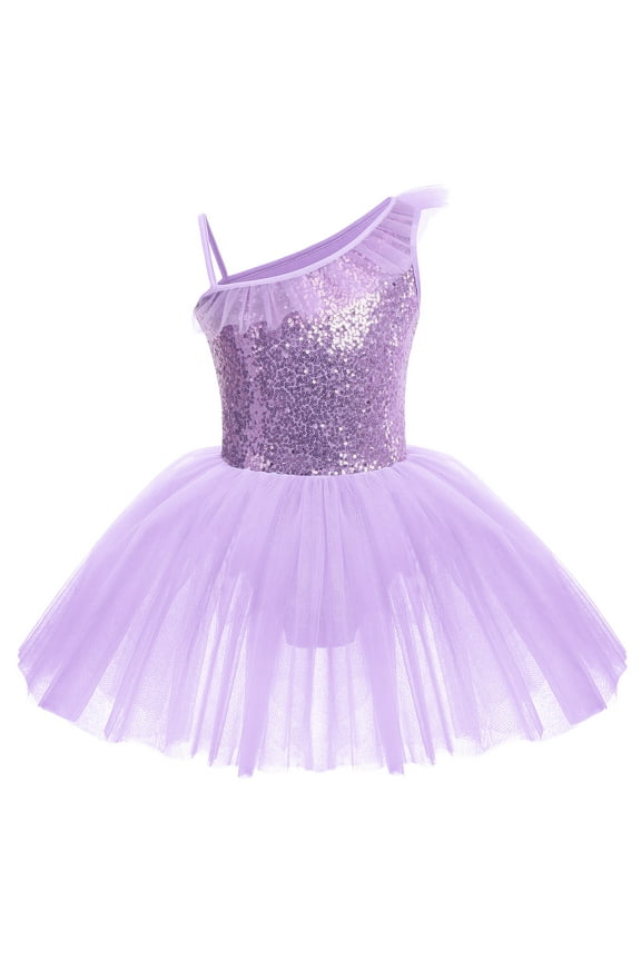 Kid Girls Sequins Ruffle One Shoulder Ballet Dance Dress Tulle Tutu Skirt