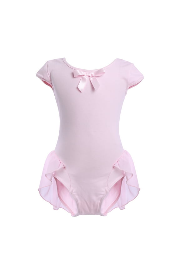 Kid Girls Short Cap Sleeve Ballet Dance Dress Bowknot Chiffon Tutu Skirted Leotard Ballerina Dancewear Gymnastics Costume 2-3 Years Pink