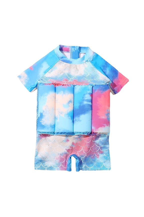 Toddler Floatation Swimsuit with Adjustable Buoyancy Float Suit One-Piece Training Aid Swimwear for Boys Girls 3-4 Years Blue - Fish Scales