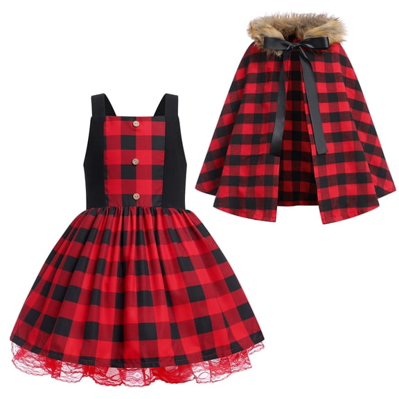 IBTOM CASTLE Kids Baby Girls Christmas Party Dress Women Xmas Red Plaid Tutu Dress with Hooded Cloak Cape Family Matching Fancy Dress up Costume 4-5 Years Red Dress + Cape
