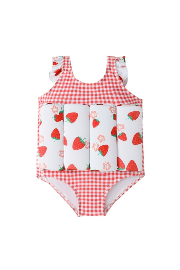 Kids Float Swimsuit Buoyancy Sticks for Baby Boys Girls One Piece Floating Swim Vest Training Aid Swimwear 18-24 Months Red Strawberry