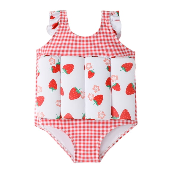 IBTOM CASTLE Kids Float Swimsuit Buoyancy Sticks for Baby Boys Girls One Piece Floating Swim Vest Training Aid Swimwear 2-3 Years Red Strawberry