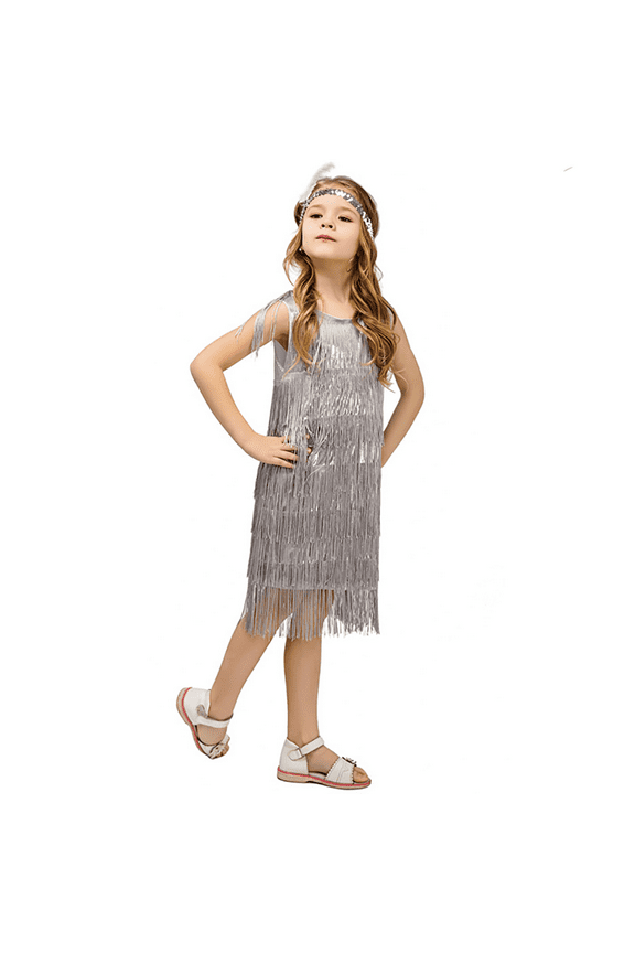 Kids Girls 1920s Flapper Dress Vintage Sequins Fringe Gatsby Halloween Party Dress up with Feather Headband 10-12 Years Silver