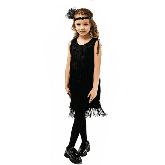 IBTOM CASTLE Kids Girls 1920s Flapper Dress Vintage Sequins Fringe Gatsby Halloween Party Dress up with Feather Headband 4-6 Years Black