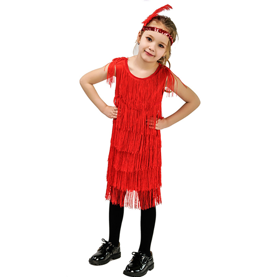 IBTOM CASTLE Kids Girls 1920s Flapper Dress Vintage Sequins Fringe Gatsby Halloween Party Dress up with Feather Headband 4-6 Years Red