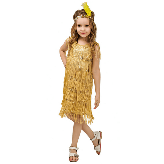 IBTOM CASTLE Kids Girls 1920s Flapper Dress Vintage Sequins Fringe Gatsby Halloween Party Dress up with Feather Headband 7-9 Years Gold