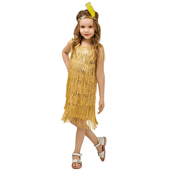 IBTOM CASTLE Kids Girls 1920s Flapper Dress Vintage Sequins Fringe Gatsby Halloween Party Dress up with Feather Headband 7-9 Years Gold