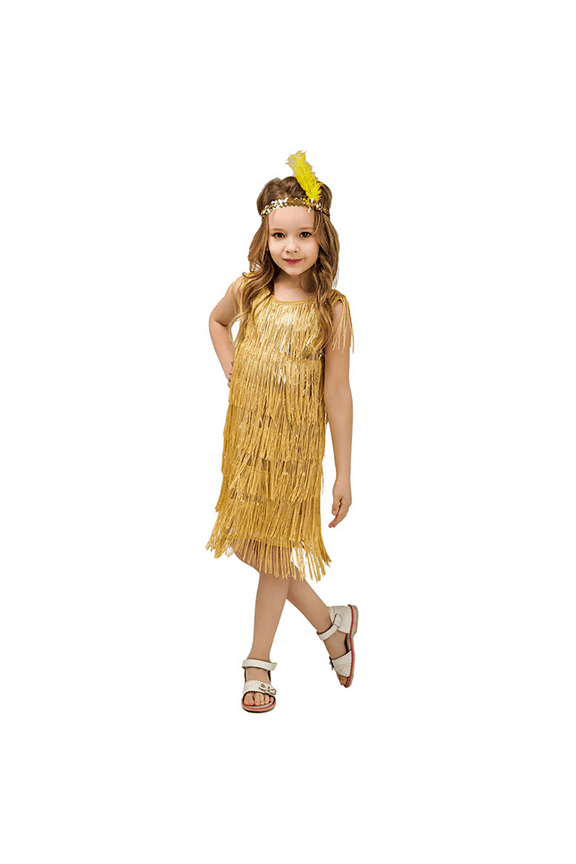Kids Girls 1920s Flapper Dress Vintage Sequins Fringe Gatsby Halloween Party Dress up with Feather Headband 7-9 Years Gold