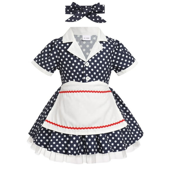 IBTOM CASTLE Kids Girls 1950s Housewife Costume Vintage Polka Dots Dress Apron Rockabilly Pinup Dresses Halloween Cosplay Birthday Party Dress up for Photo Shoot 18-24 Months Polka Dots