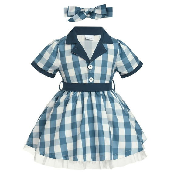 IBTOM CASTLE Kids Girls 1950s Housewife Costume Vintage Polka Dots Dress Apron Rockabilly Pinup Dresses Halloween Cosplay Birthday Party Dress up for Photo Shoot 9-12 Months Blue Plaid