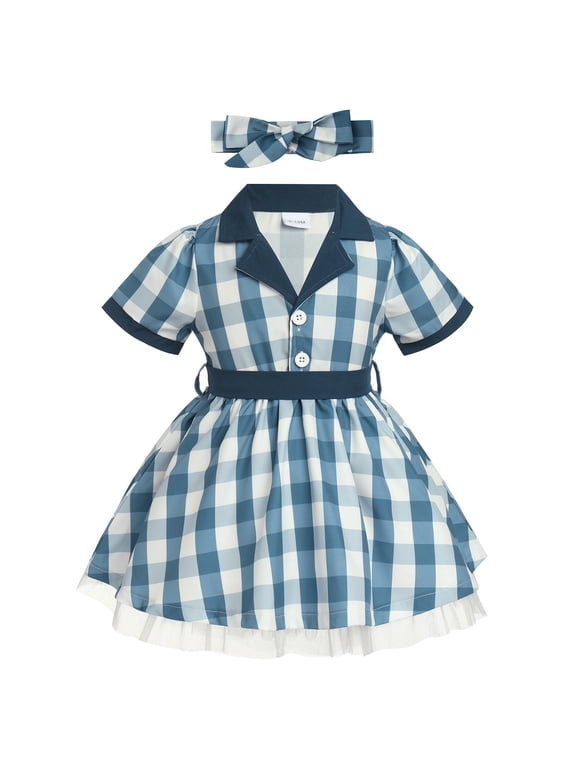 Kids Girls 1950s Housewife Costume Vintage Polka Dots Dress Apron Rockabilly Pinup Dresses Halloween Cosplay Birthday Party Dress up for Photo Shoot 9-12 Months Blue Plaid