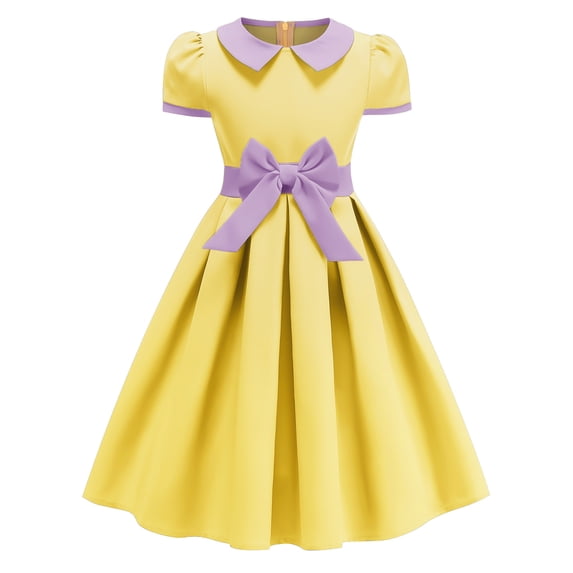 IBTOM CASTLE Kids Girls 1950s Retro Vintage Tea Party Bowknot Dress Short Puff Sleeve Contrast Panel Swing Party Dresses 5-6 Years Yellow