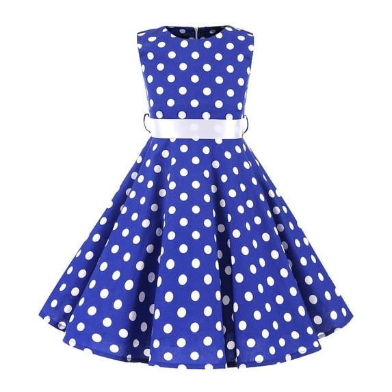IBTOM CASTLE Kids Girls 50s Vintage Polka Dot Casual Dress Swing Rockabilly Prom Party Dresses Audrey Wedding Formal Cocktail Evening Gown 7-8 Years Royal Blue