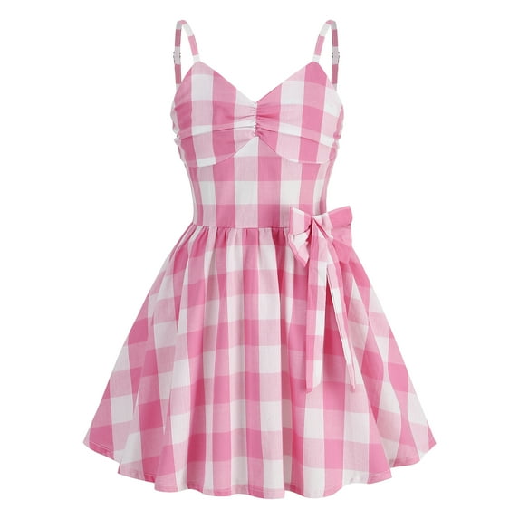 IBTOM CASTLE Kids Girls 50s Vintage Sleeveless Polka Dot Retro A-line Swing Dress Princess Birthday Party Dresses 4-5 Years Pink Plaid Spaghetti Straps