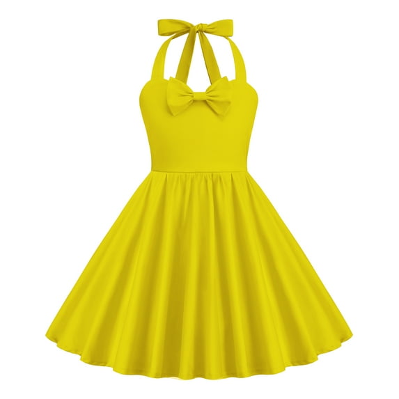 IBTOM CASTLE Kids Girls 50s Vintage Sleeveless Polka Dot Retro A-line Swing Dress Princess Birthday Party Dresses 7-8 Years Yellow
