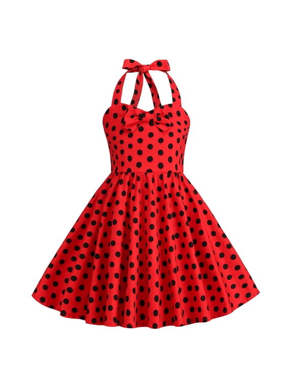 Kids Girls 50s Vintage Sleeveless Polka Dot Retro A-line Swing Dress Princess Birthday Party Dresses 9-10 Years Red - Black Dots