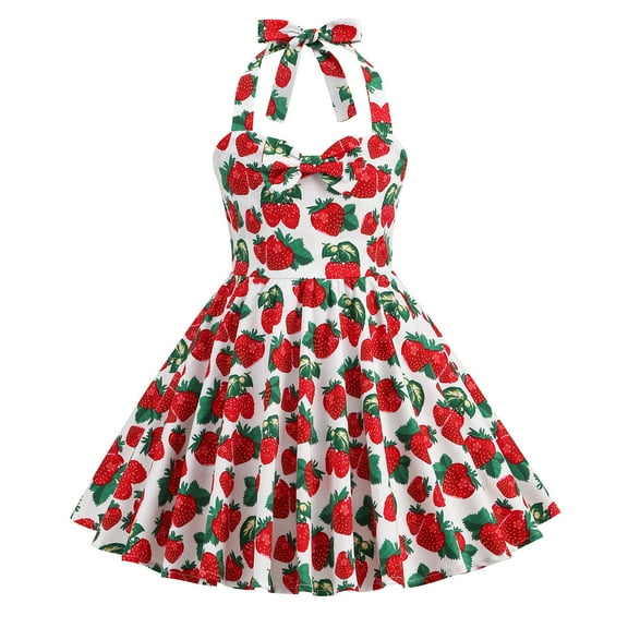 IBTOM CASTLE Kids Girls 50s Vintage Sleeveless Polka Dot Retro A-line Swing Dress Princess Birthday Party Dresses 9-10 Years Red Strawberry