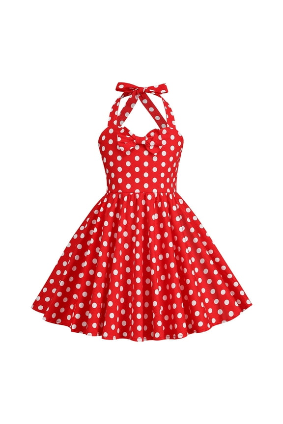 Kids Girls 50s Vintage Sleeveless Polka Dot Retro A-line Swing Dress Princess Birthday Party Dresses 9-10 Years Red - White Dots