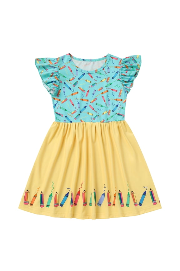 Kids Girls Back to School Dress Apple Pencils Notebooks Print Casual Birthday Party Kindergarten First Day of School Dresses 5-6 Years Aqua + Yellow Pencil