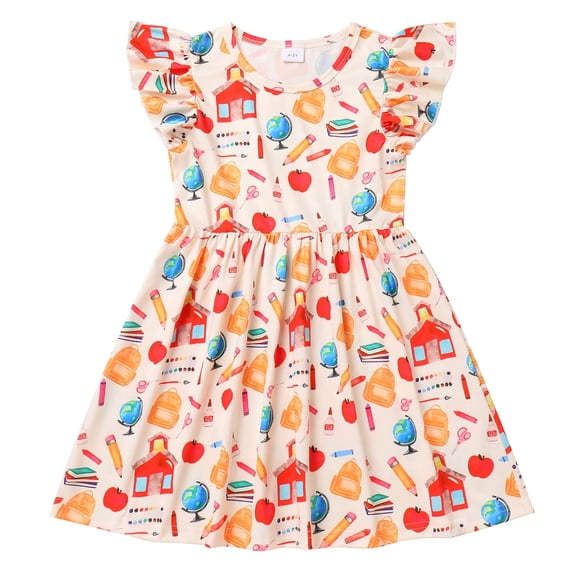 IBTOM CASTLE Kids Girls Back to School Dress Apple Pencils Notebooks Print Casual Birthday Party Kindergarten First Day of School Dresses 6-7 Years Beige Pencil Globe