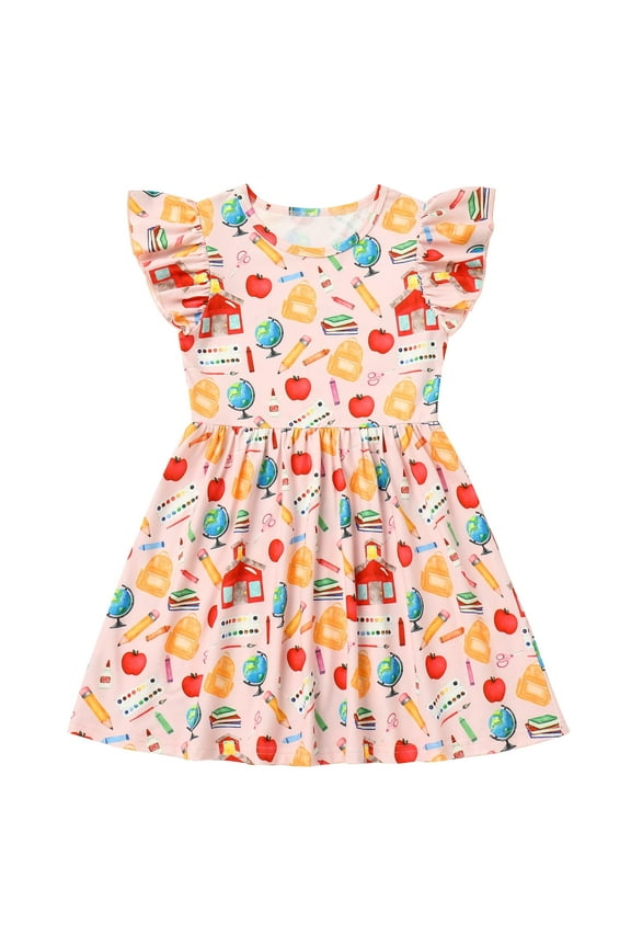 Kids Girls Back to School Dress Apple Pencils Notebooks Print Casual Birthday Party Kindergarten First Day of School Dresses 6-7 Years Pink Pencil Globe