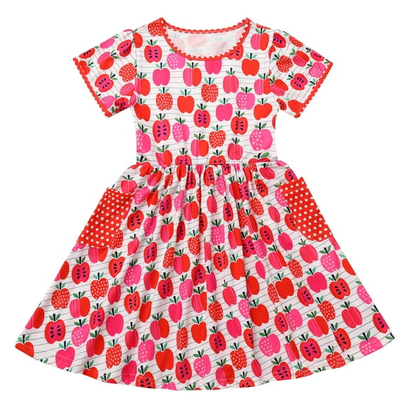 IBTOM CASTLE Kids Girls Back to School Dress Kindergarten Short Sleeve Pencil Stationery Schoolbag Casual Dresses with Pockets 4-5 Years Rose Red