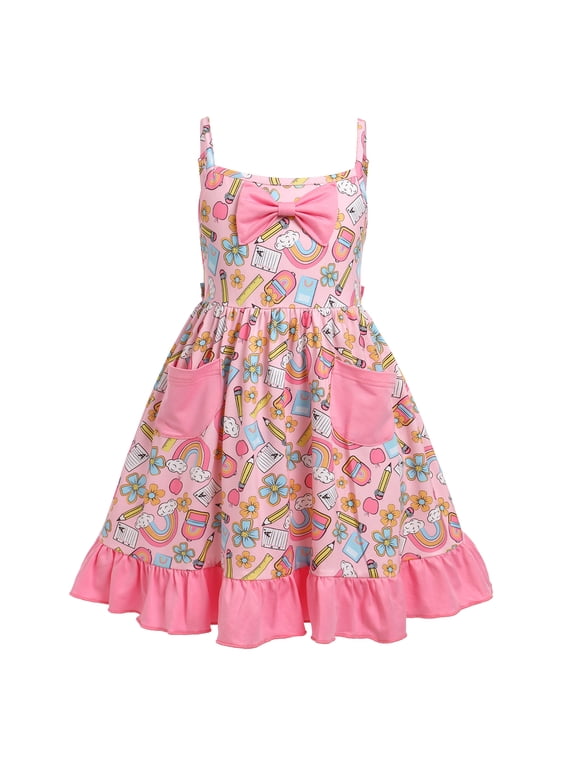 Kids Girls Back to School Dress Sleeveless Pencil Book Causal Ruffle Kindergarten Dresses with Pockets 3-4 Years Dark Pink