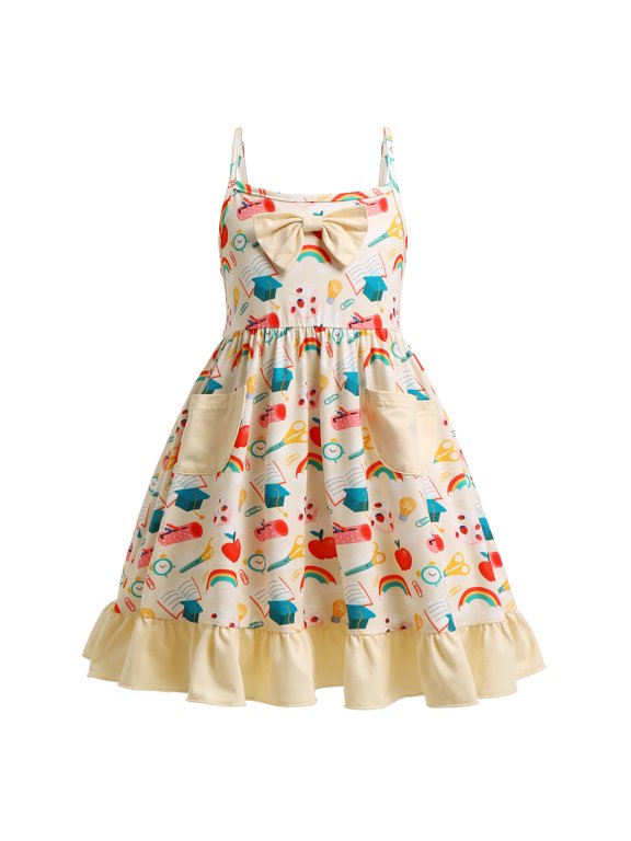Kids Girls Back to School Dress Sleeveless Pencil Book Causal Ruffle Kindergarten Dresses with Pockets 4-5 Years Light Yellow