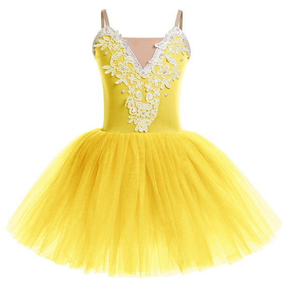 IBTOM CASTLE Kids Girls Ballet Dance Dress Velvet Spaghetti Straps Camisole Gymnastics Leotard Ballerina Dress up 5-6 Years Yellow