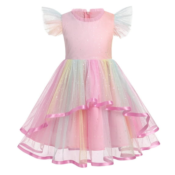 IBTOM CASTLE Kids Girls Birthday Party Dress Butterfly Daisy Polka Dots Embroidery Princess Tulle Wedding Pageant Evening Gown 5-6 Years Rainbow Sequin
