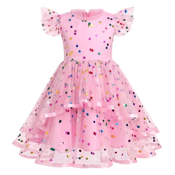 IBTOM CASTLE Kids Girls Birthday Party Dress Butterfly Daisy Polka Dots Embroidery Princess Tulle Wedding Pageant Evening Gown 9-10 Years Pink Polka Dots