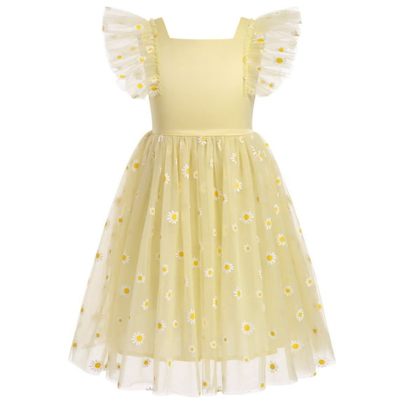 IBTOM CASTLE Kids Girls Birthday Party Sundress Floral Embroidery Backless Princess Tulle Tutu Wedding Pageant Dress 4-5 Years Yellow Daisy