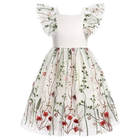 IBTOM CASTLE Kids Girls Birthday Party Sundress Floral Embroidery Backless Princess Tulle Tutu Wedding Pageant Dress 5-6 Years White Floral