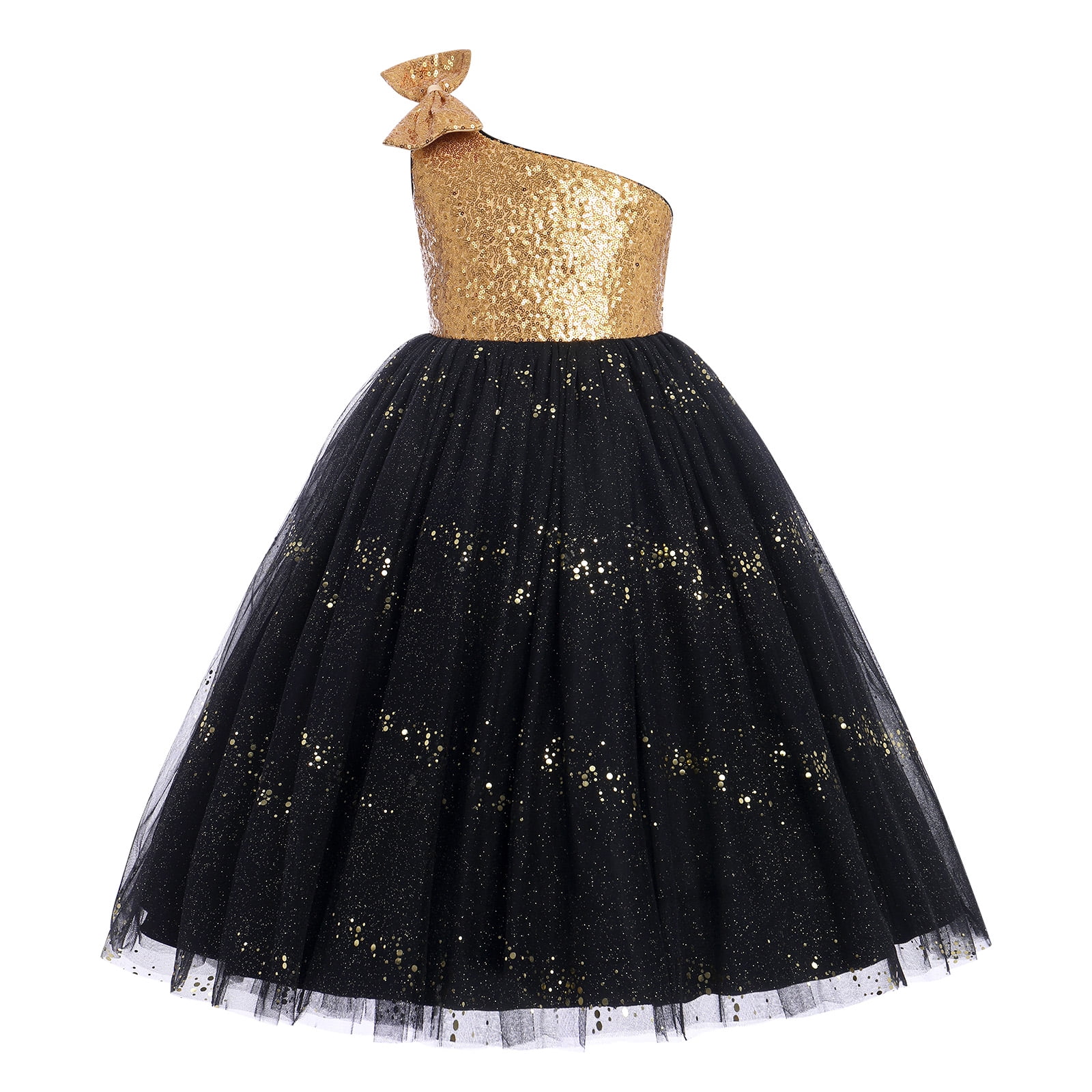 IBTOM CASTLE Kids Girls Bowknot Sequin Tulle Party Dress One-Shoulder Wedding Bridesmaid Flower Girl Dresses Pageant Formal Prom Ball Gown 3-4 Years Gold