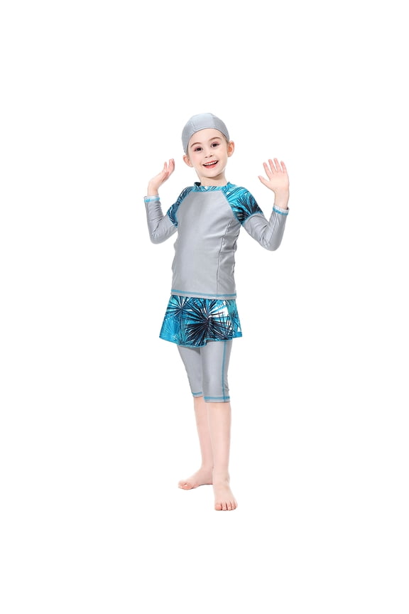 Kids Girls Burkini Swimsuits Modest Muslim Islamic Long Sleeve Rash Guard Full Cover Hijab Top Skirted Swim Capris ​Swimwear 6-7 Years Gray
