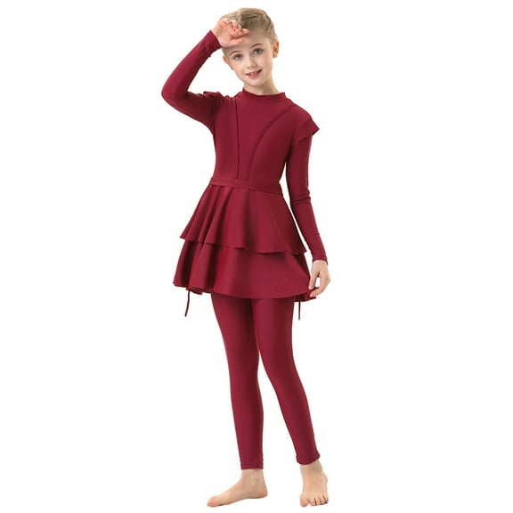IBTOM CASTLE Kids Girls Burkini Swimsuits Toddler Modest Muslim Swimwear Long Sleeve Full Cover Swim Top Pants Hijab 3PCS Bathing Suit Rash Guard 9-10 Years Wine Red