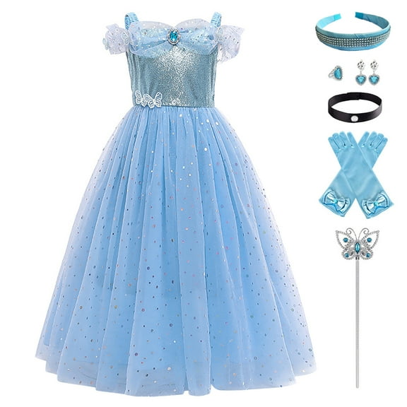 IBTOM CASTLE Kids Girls Cinderella Princess Cosplay Costume Dress&Accessories Party Carnival Fancy Dress up Long Evening Gown 7-8 Years Blue-Off Shoulder