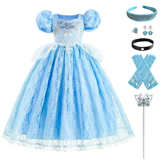 IBTOM CASTLE Kids Girls Cinderella Princess Cosplay Costume Dress&Accessories Party Carnival Fancy Dress up Long Evening Gown 5-6 Years Blue-Lace