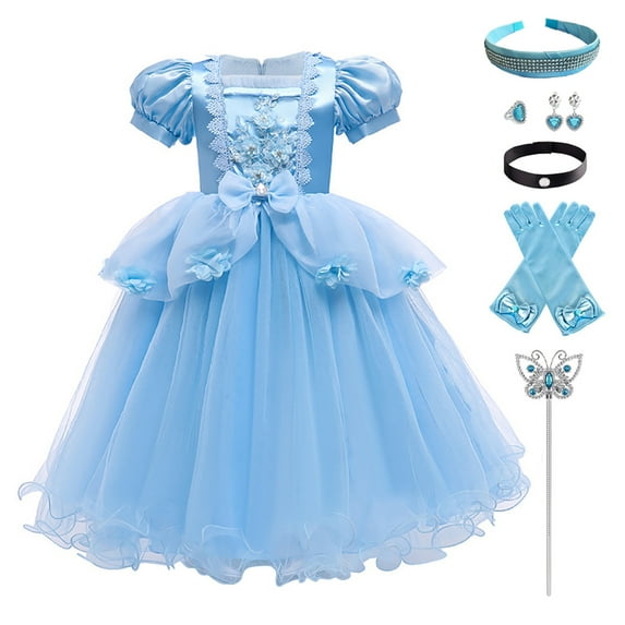 IBTOM CASTLE Kids Girls Cinderella Princess Cosplay Costume Dress&Accessories Party Carnival Fancy Dress up Long Evening Gown 9-10 Years Blue-Flower