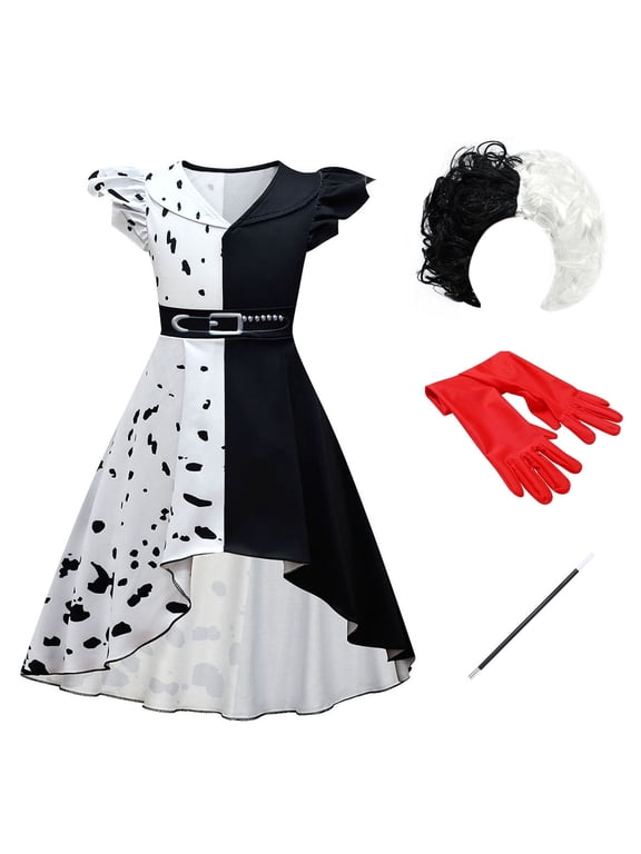 Kids Girls Halloween Costume Carnival Cosplay Movie Character Dress + Wig + Gloves + Cigarette Holder 4 Pieces Set for Photo Shoot