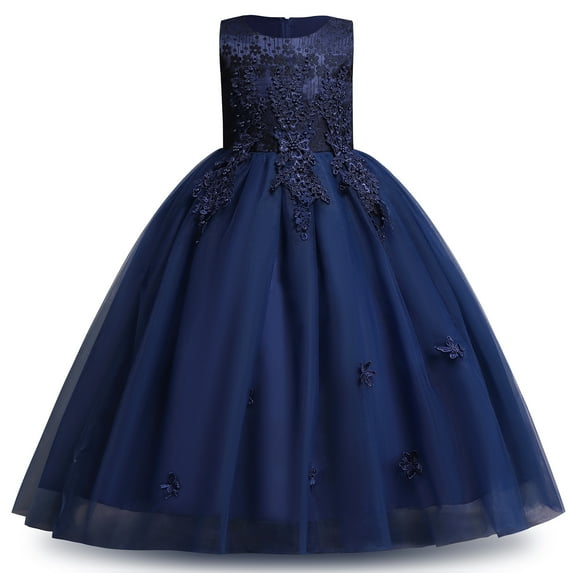 IBTOM CASTLE Kids Girls Flower Vintage Lace Princess Long Dress Tulle Pageant Formal Party Wedding Floor Dance Evening Gown 11-12 Years Dark Blue