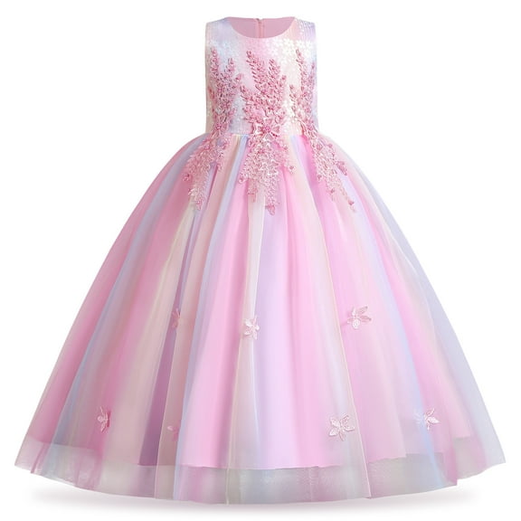 IBTOM CASTLE Kids Girls Flower Vintage Lace Princess Long Dress Tulle Pageant Formal Party Wedding Floor Dance Evening Gown 11-12 Years Rainbow Pink